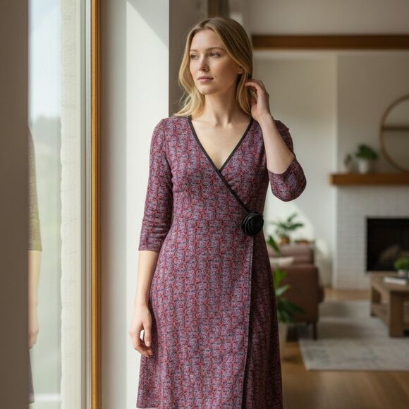 Vintage Y2K USA Max Studio Long Sleeve Faux Wrap Dress Size MP Red Blue Floral - Picture 1 of 11